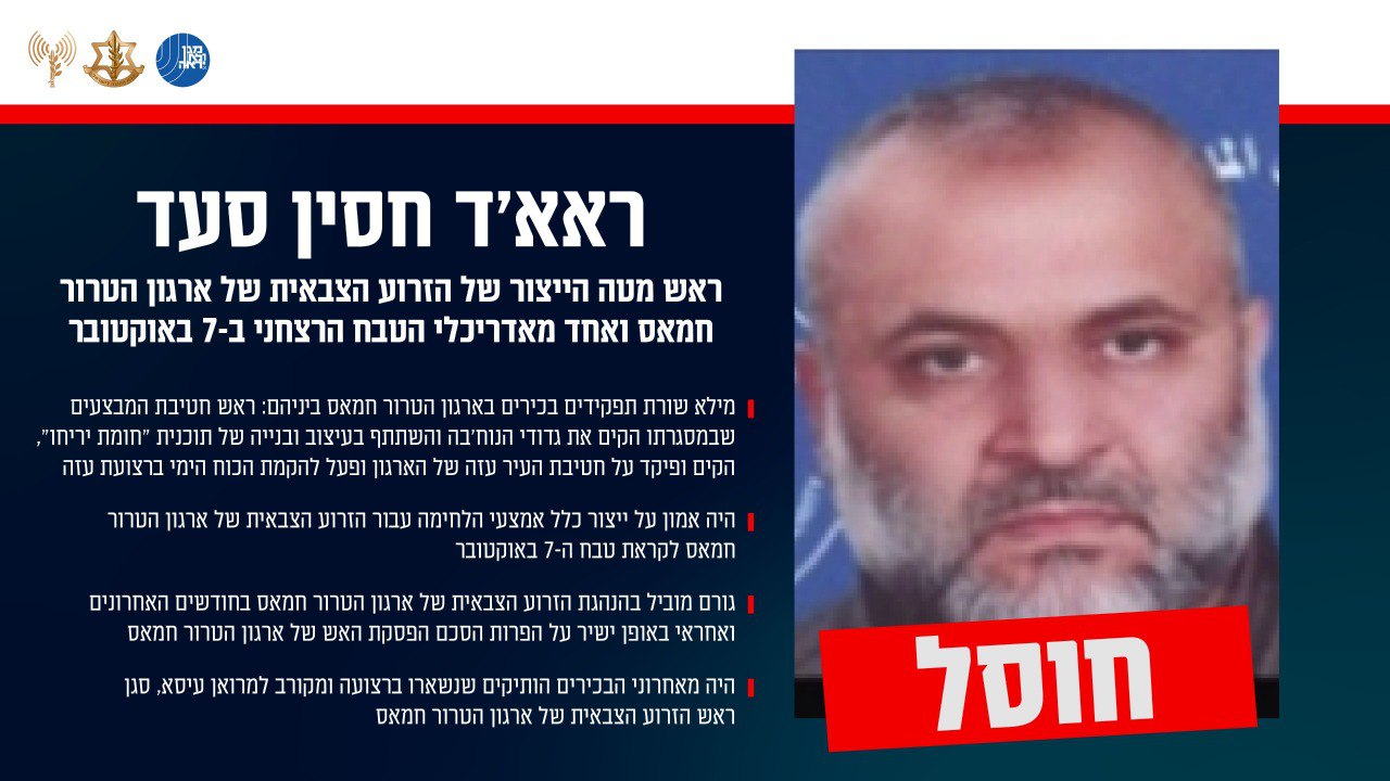 חוסל בכיר חמאס מאדריכלי טבח שמחת תורה